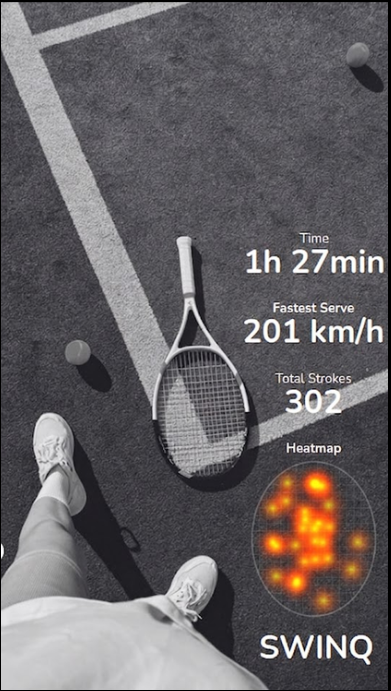 SWINQ stats overlay on tennis court photo